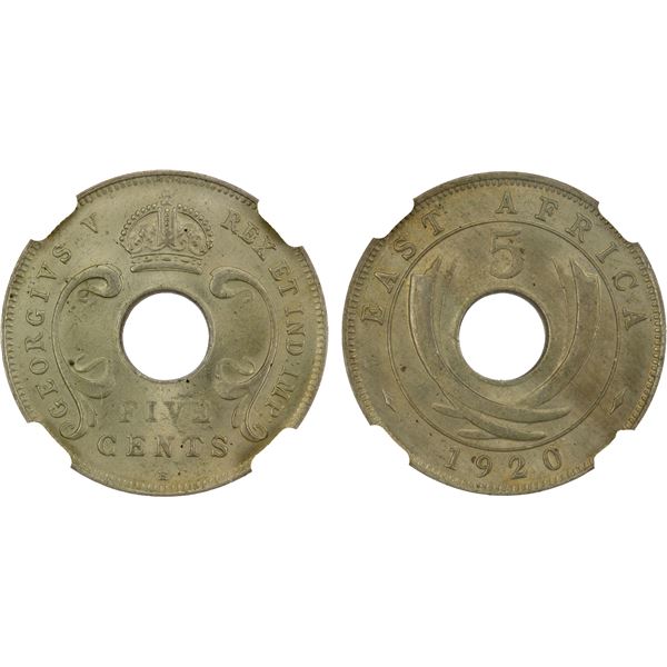 BRITISH EAST AFRICA: George V, 1910-1936, 5 cents, 1920-H, NGC MS64