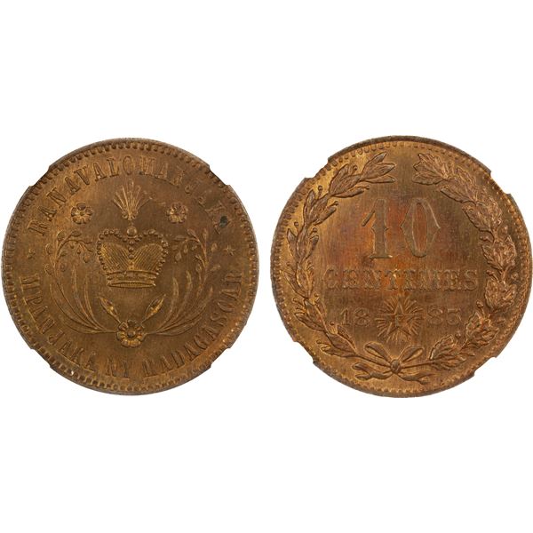 MADAGASCAR: Ranavalona III, 1883-1897, AE 10 centimes, 1883, NGC MS64 RB