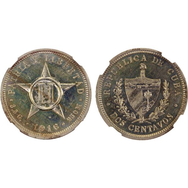 CUBA: Republic, 2 centavos, 1916, NGC Proof 63