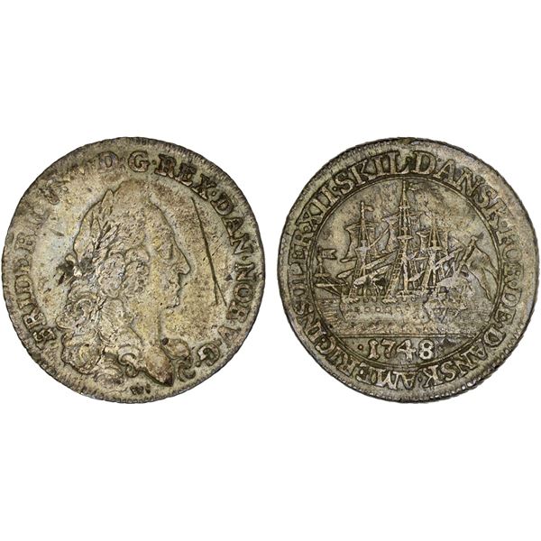 DANISH WEST INDIES: Frederik V, 1746-1766, AR 12 skilling, 1748, VF-XF