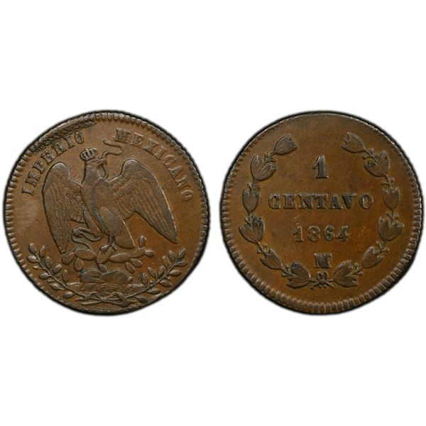 MEXICO: Maximiliano, 1864-1867, AE centavo, 1864-M, PCGS AU53
