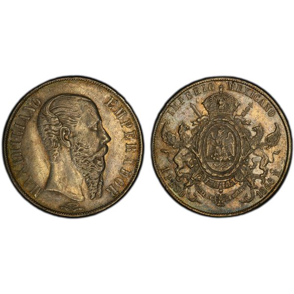 MEXICO: Maximiliano, 1864-1867, AR peso, 1866-Mo, PCGS AU58
