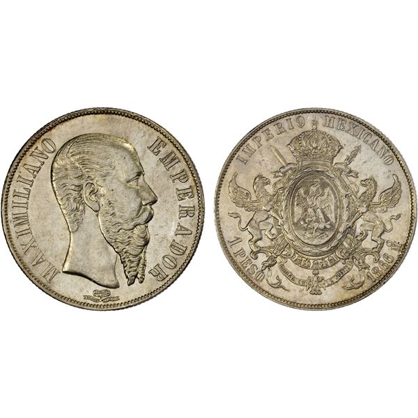 MEXICO: Maximiliano, 1864-1867, AR peso, 1866-Mo, AU
