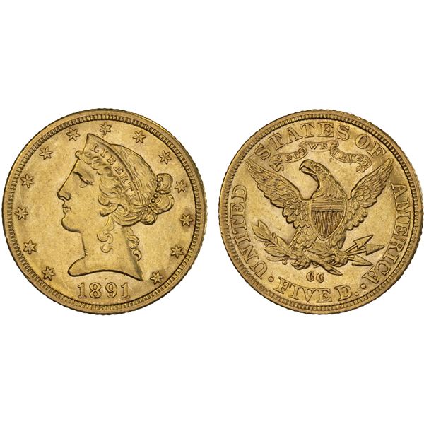UNITED STATES: AV 5 dollar, 1891-CC, ANACS AU50