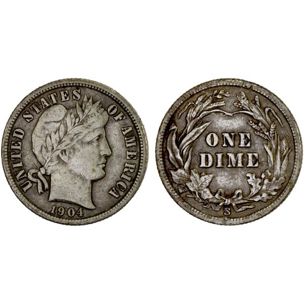 UNITED STATES: AR dime, 1904-S, F-VF