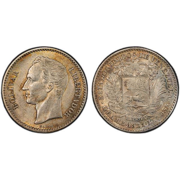 VENEZUELA: Republic, AR bolivar, 1921, PCGS MS62