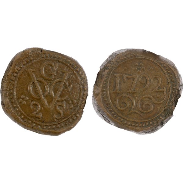 CEYLON: Dutch: United East India Company, AE 2 stuiver, Galle, 1792-G, NGC AU53 BN