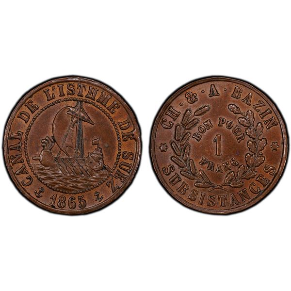 EGYPT: Suez Canal Issues, AE franc token, 1865, PCGS MS62 BN
