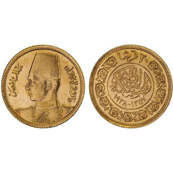 EGYPT: Farouk, 1936-1952, AV 20 piastres, 1938/AH1357, Unc