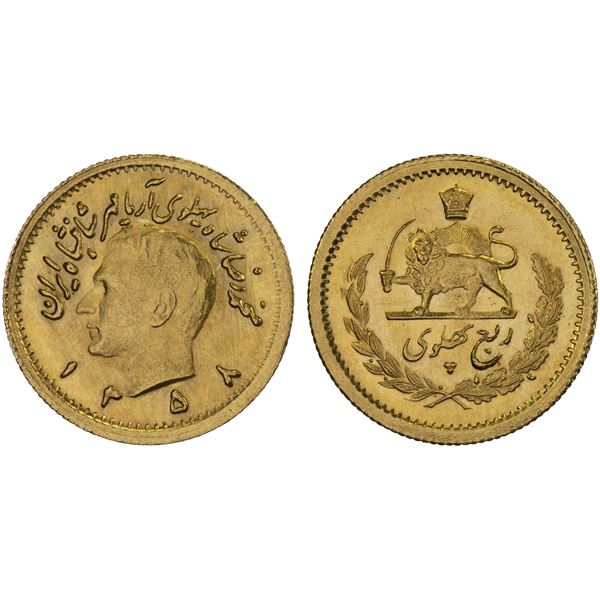 IRAN: Muhammad Reza Shah, 1941-1979, AV 1/4 pahlavi (2.03g), SH1358, Unc