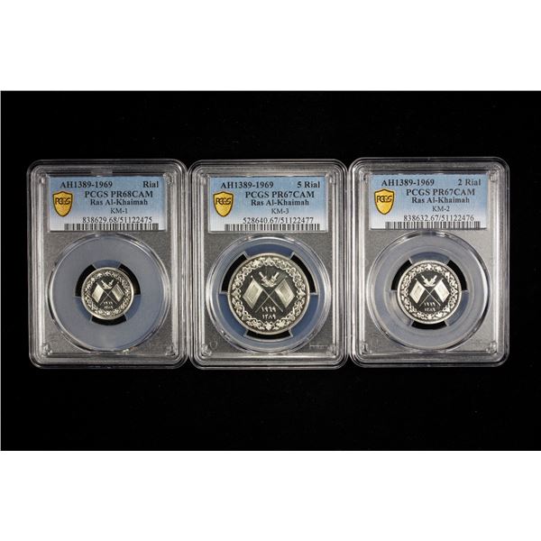 RAS AL KHAIMA: Saqr Bin Muhammad al-Qasimi, 1948-2010, 3-coin proof set, 1969/AH1389