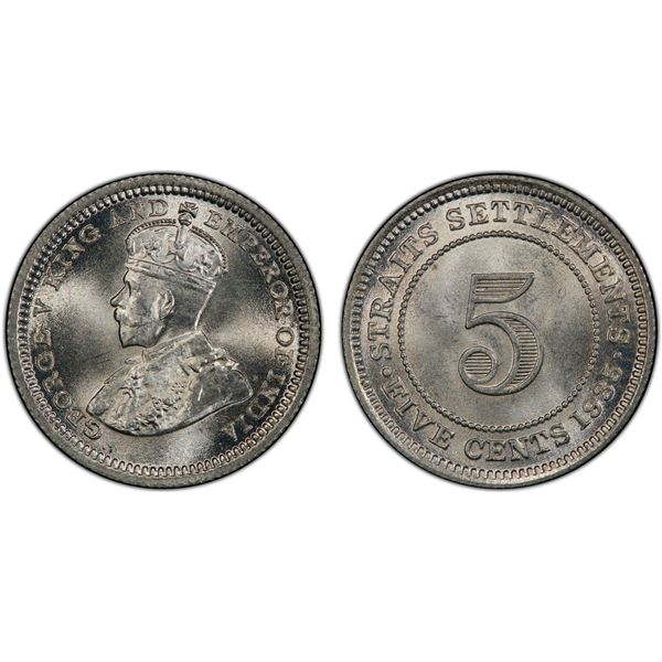 STRAITS SETTLEMENTS: George V, 1910-1936, AR 5 cents, 1935, PCGS MS67
