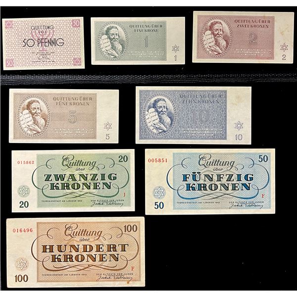 CZECHOSLOVAKIA: Theresienstadt/Litzmannstadt (Poland), SET of 8 notes, 1.1.1943 and 15.5.1940