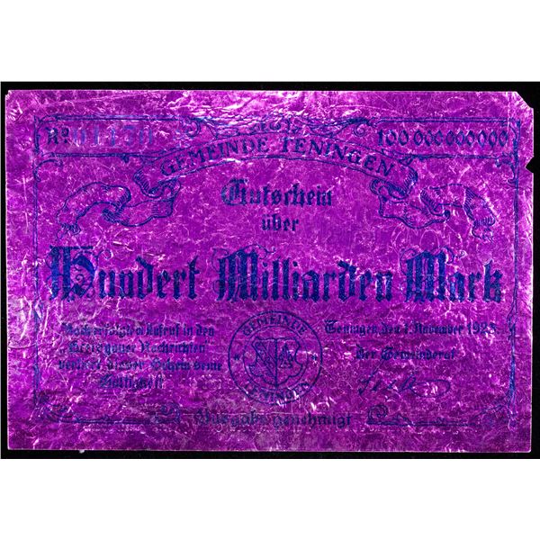 GERMANY: Weimar Republic, 100 billion mark, Teningen, 1.11.1923, G-VG