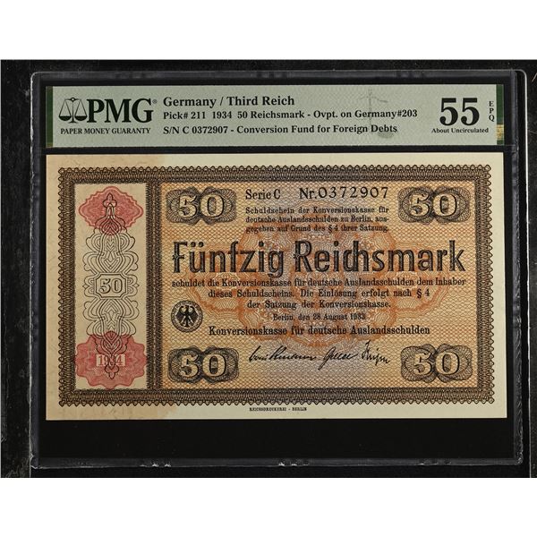 GERMANY: Third Reich, 50 reichsmark, 1934, PMG graded AU55 EPQ