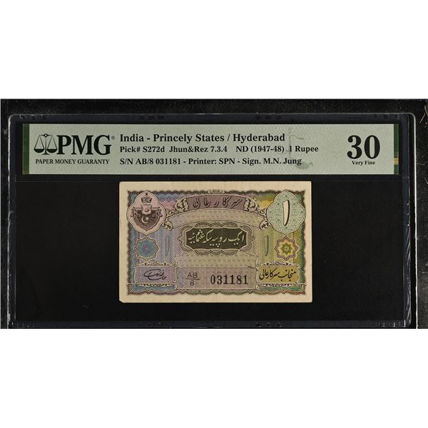 INDIA: HYDERABAD: Mir Osman Ali Khan, 1911-1948, 1 rupee, ND (1947-48), PMG graded VF30