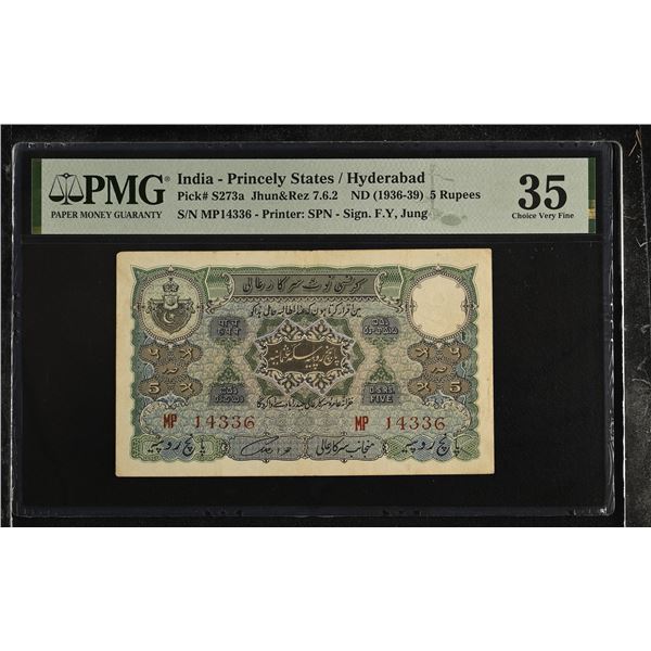 INDIA: HYDERABAD: Mir Osman Ali Khan, 1911-1948, 5 rupees, ND (1936-39), PMG graded VF35