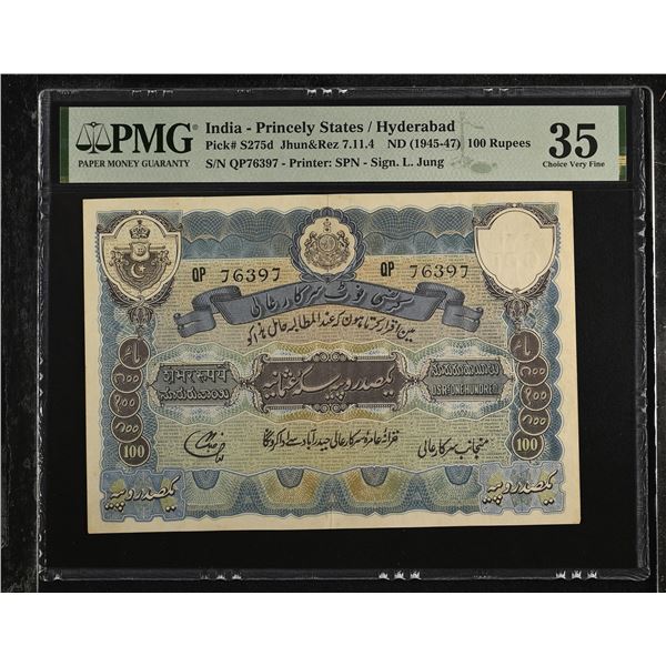 INDIA: HYDERABAD: Mir Osman Ali Khan, 1911-1948, 100 rupees, ND (1945-47), PMG graded Choice VF35