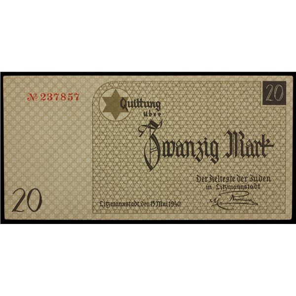 POLAND: Lodz: Litzmannstadt Ghetto, 20 mark, 15.5.1940, AU