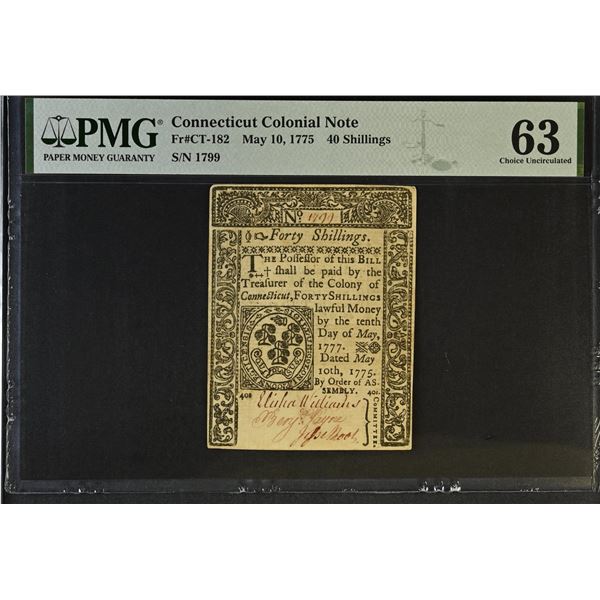UNITED STATES: Colonial Issues, 40 shillings, 10.5.1775, PMG graded MS63