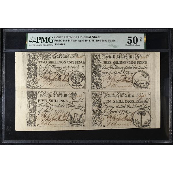 UNITED STATES: South Carolina, 4-note sheet, April 10, 1778, PMG graded AU50