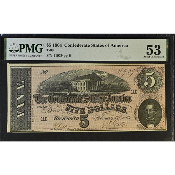 UNITED STATES CIVIL WAR: CONFEDERACY: 5 dollars, 17.2.1864, PMG graded AU53