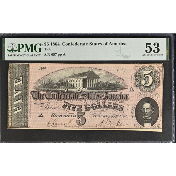 UNITED STATES CIVIL WAR: CONFEDERACY: 5 dollars, 17.2.1864, PMG graded AU53