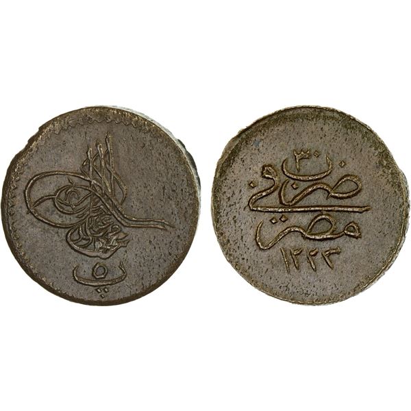 EGYPT: Mahmud II, 1808-1839, AE 5 para (7.03g), Misr, AH1223 year 30, AU