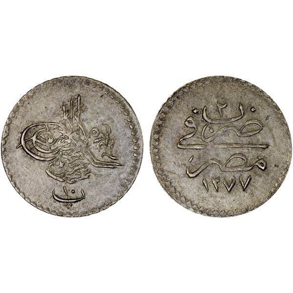 EGYPT: Abdul Aziz, 1861-1876, AR 10 para (0.37g), Misr, AH1277 year 2, Unc