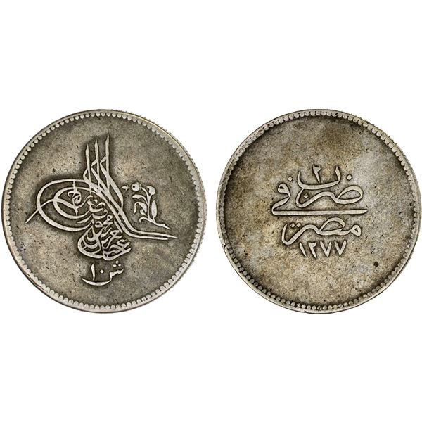 EGYPT: Abdul Aziz, 1861-1876, AR 10 qirsh (13.80g), Misr, AH1277 year 2, VF