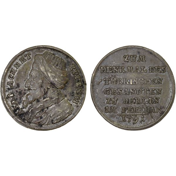 TURKEY: Selim III, 1789-1807, AE medal (8.71g), 1791, VF