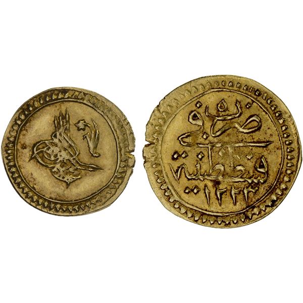 TURKEY: Mahmud II, 1808-1839, AV rubiye (0.79g), Kostantiniye, AH1223 year 5, Unc