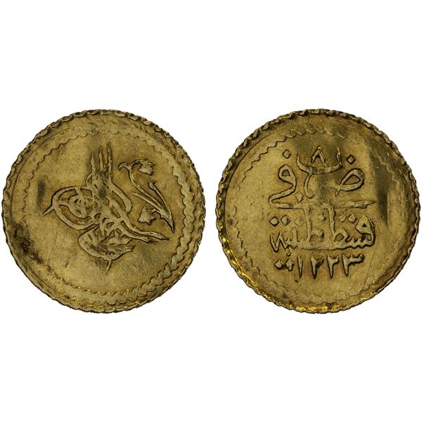 TURKEY: Mahmud II, 1808-1839, AV rubiye (0.80g), Kostantiniye, AH1223 year 8, XF-AU