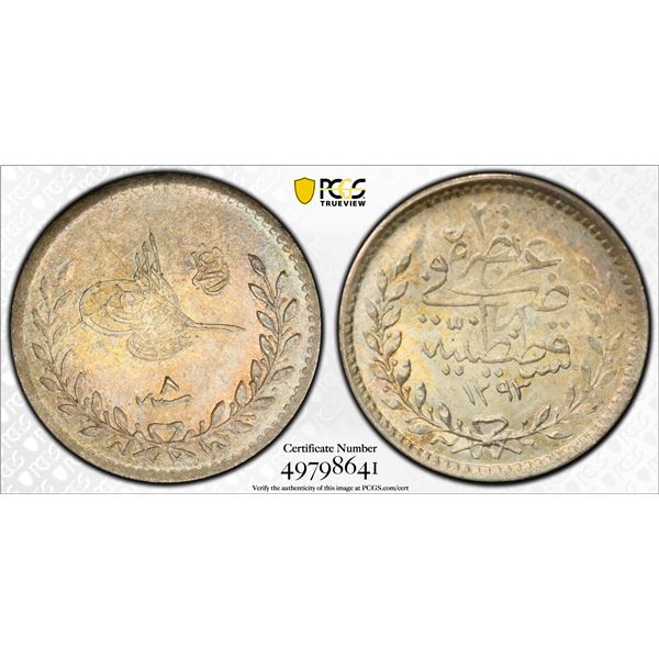TURKEY: Abdul Hamid II, 1876-1909, AR 20 para, Kostantiniye, AH1293 year 8 (1883), PCGS MS64