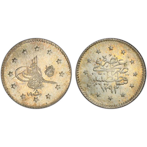 TURKEY: Abdul Hamid II, 1876-1909, AR kurush, Kostantiniye, AH1293 year 8 (1883), PCGS MS66