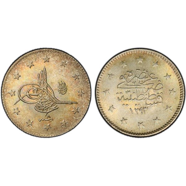 TURKEY: Abdul Hamid II, 1876-1909, AR 2 kurush, Kostantiniye, AH1293 year 8 (1883), PCGS MS66