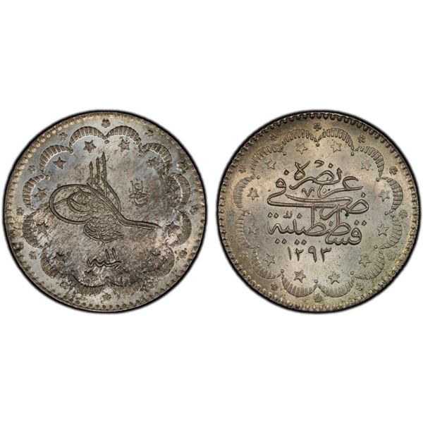 TURKEY: Abdul Hamid II, 1876-1909, AR 5 kurush, Kostantiniye, AH1293 year 11, PCGS MS65