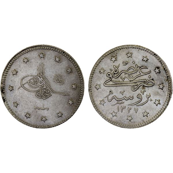 TURKEY: Mehmet V, 1909-1918, AR 2 kurush, Bursa, AH1327 year 1, XF-AU