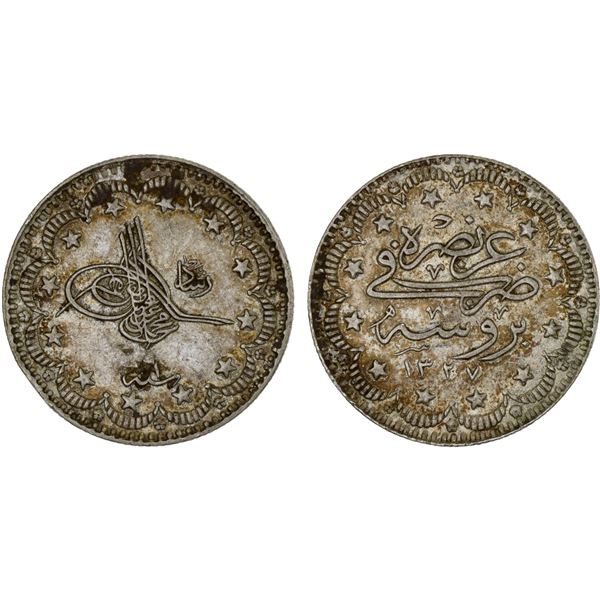 TURKEY: Mehmet V, 1909-1918, AR 5 kurush, Bursa, AH1327 year 1, XF