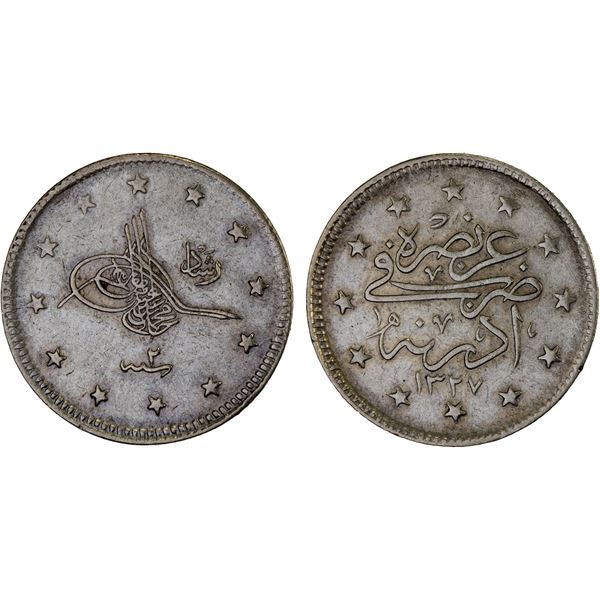 TURKEY: Mehmet V, 1909-1918, AR 2 kurush, Edirne, AH1327 year 2, VF-XF