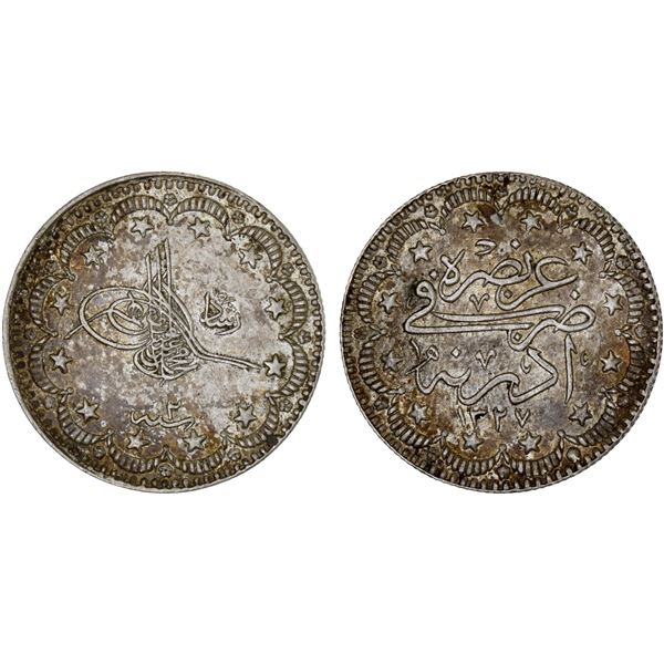 TURKEY: Mehmet V, 1909-1918, AR 5 kurush, Edirne, AH1327 year 2, XF