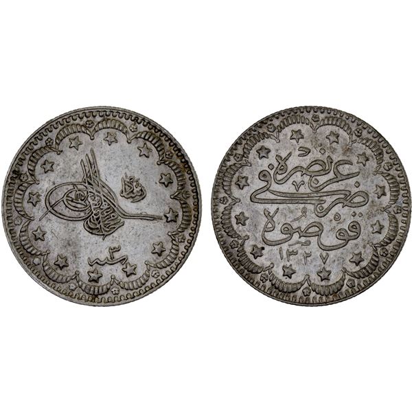 TURKEY: Mehmet V, 1909-1918, AR 5 kurush, Kosova, AH1327 year 3, XF