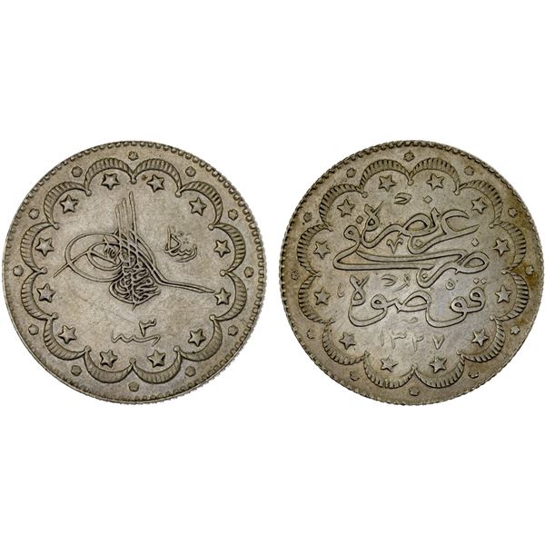 TURKEY: Mehmet V, 1909-1918, AR 10 kurush, Kosova, AH1327 year 3, XF