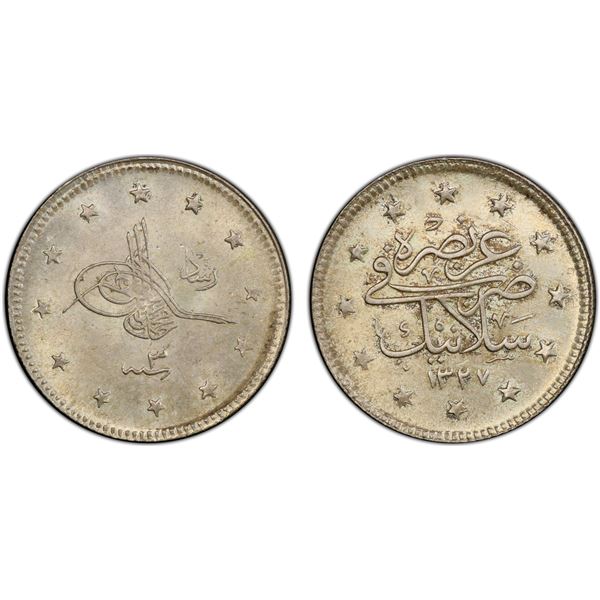 TURKEY: Mehmet V, 1909-1918, AR 2 kurush, Selanik (Thessaloniki), AH1327 year 3, PCGS MS64