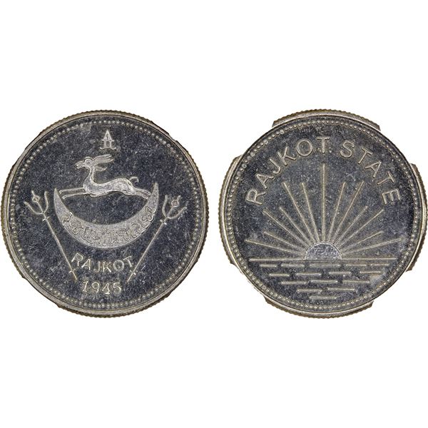 RAJKOT: Dharmendra Singh, 1930-1948, AR medallic mohur, 1945, NGC MS65
