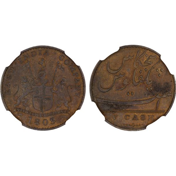 MADRAS PRESIDENCY: East India Company, AE 5 cash, Soho mint, 1803, NGC MS61 BN