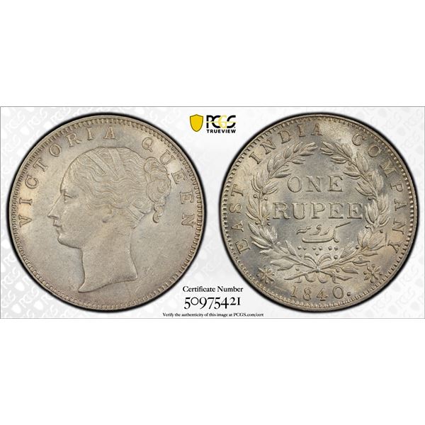 BRITISH INDIA: Victoria, Queen, 1837-1876, AR rupee, 1840(c), PCGS MS62