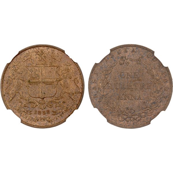 BRITISH INDIA: Victoria, Queen, 1837-1876, AE 1/4 anna, 1858, NGC MS63 RB
