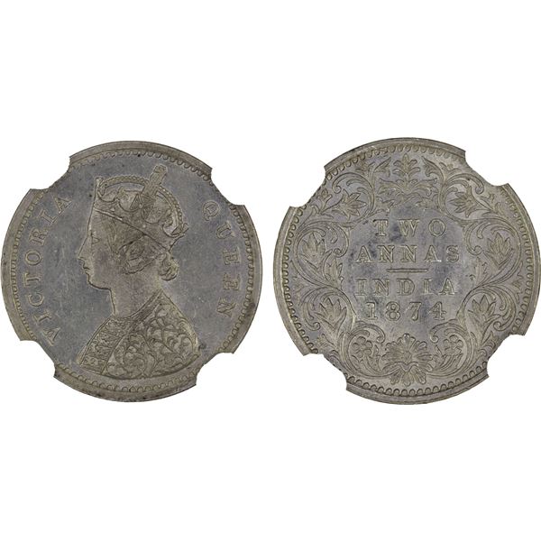 BRITISH INDIA: Victoria, Queen, 1837-1876, AR 2 annas, 1874(b), NGC MS64