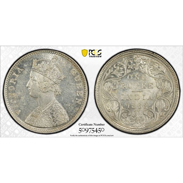 BRITISH INDIA: Victoria, Queen, 1837-1876, AR rupee, 1862(b), PCGS MS61